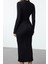 Moda Stil Fitted Dik Yaka Midi Boy Dekolte Detaylı Dokuma Şık Abiye Elbise 5