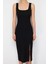 Moda Stil Slim Kare Yaka Midi Boy Itted Vücuda Oturan Yırtmaçlı Esnek Örme Kalem Elbise 3
