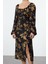Moda Stil Regular Kalp Yaka Midi Boy Çiçek Desenli Dokuma Elbise 3