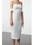 Moda Stil Fitted Kare Yaka Midi Boy Kol Detaylı Saten Dokuma Elbise 3