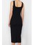 Moda Stil Slim Kare Yaka Midi Boy Itted Vücuda Oturan Yırtmaçlı Esnek Örme Kalem Elbise 4