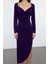 Moda Stil Slim Kalp Yaka Midi Boy Düz Büzgü Drapeli Asimetrik Fitted Vücuda Oturan Örme Elbise 3