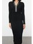 Moda Stil Slim Polo Yaka Midi Boy Taş Renk Bloklu Triko Premium Iplik Özel Iplik Elbise 3