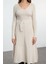 Moda Stil Regular V Yaka Midi Boy Triko Kemerli Volanlı Elbise 3