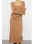 Moda Stil Slim Kare Yaka Midi Boy Triko Basic Kol Ucu Detaylı Elbise 1