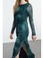 Moda Stil Slim Kayık Yaka Maxi Boy Soyut Desenli Fitted Vücuda Oturan Tül Esnek Örme Elbise 1