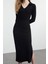 Moda Stil Fitted V Yaka Midi Boy Düz Polo Yaka Bodycone Vücuda Oturan Örme Elbise 1