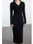 Moda Stil Fitted V Yaka Midi Boy Düz Polo Yaka Bodycone Vücuda Oturan Örme Elbise 3