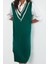 Moda Stil Regular V Yaka Midi Boy Triko Renk Bloklu Elbise 1