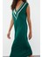 Moda Stil Regular V Yaka Midi Boy Triko Renk Bloklu Elbise 4