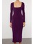 Moda Stil Fitted Kare Yaka Midi Boy Düz Vücuda Oturan Esnek Örme Elbise 4