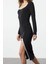 Moda Stil Slim Havuz Yaka Maxi Boy Renk Bloklu Fiyonk Detaylı Fitted Örme Elbise 4