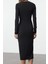 Moda Stil Slim Havuz Yaka Maxi Boy Renk Bloklu Fiyonk Detaylı Fitted Örme Elbise 5