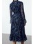 Moda Stil Regular Dik Yaka Midi Boy Mavi Çiçek Desenli A Kesim Astarlı Şifon Dokuma Kışlık Elbise 5