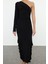 Moda Stil Fitted Asimetrik Yaka Midi Boy Fırfır Detaylı Tek Kol Örme Elbise 3