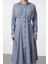 Moda Stil Regular Gömlek Yaka Midi Boy Kuşaklı Çizgili Dokuma Gömlek Elbise 3