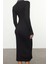 Moda Stil Slim Düğmeli Yaka Midi Boy Renk Bloklu Bodycone Vücuda Oturan Çıtçıt Detaylı Örme Elbise 2