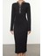 Moda Stil Slim Düğmeli Yaka Midi Boy Renk Bloklu Bodycone Vücuda Oturan Çıtçıt Detaylı Örme Elbise 3