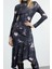 Moda Stil Slim Dik Yaka Midi Boy Fitted Vücuda Oturan Baskılı Örme Elbise 1