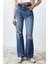 Kadın Moda Şık Kot Pantolon Geniş Paça Regular Boy Denim Mavi Yırtıklı Yüksek Bel Jeans 1