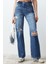 Kadın Moda Şık Kot Pantolon Geniş Paça Regular Boy Denim Mavi Yırtıklı Yüksek Bel Jeans 2