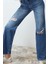Kadın Moda Şık Kot Pantolon Geniş Paça Regular Boy Denim Mavi Yırtıklı Yüksek Bel Jeans 3