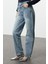 Stil Kadın Moda Denim Kot Pantolon Uzun Boru Paça Mavi Normal Bel Straight Jeans 3