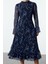 Kadın Moda Midi Boy Dik Yaka Regular Mavi Çiçek Desenli A Kesim Astarlı Şifon Dokuma Kışlık Elbise 1