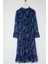 Kadın Moda Midi Boy Dik Yaka Regular Mavi Çiçek Desenli A Kesim Astarlı Şifon Dokuma Kışlık Elbise 2