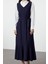 Moda Stil Relaxed V Yaka Uzun Tesettür Çizgili Dokuma Jile Elbise 2