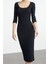 Moda Stil Slim Havuz Yaka Maxi Boy Fitted Vücuda Oturan Uzun Kollu Bisiklet Yaka Esnek Örme Elbise 4