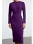 Moda Stil Slim Bisiklet Yaka Midi Boy Pamuk Bağlama Detaylı Vücuda Oturan Örme Elbise 3