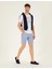 Erkek Koyu Mavi Slim Fit Beli Lastikli Çizgili Bağcıklı Bermuda Şort 50264862-VR032 5