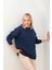Lacivert Kadın Bisiklet Yaka Düz Oversize Sweatshirt Hoodie 1