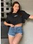 Kadın Siyah Bisiklet Yaka Baskılı Oversize Crop T-Shirt 2