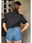 Kadın Siyah Bisiklet Yaka Baskılı Oversize Crop T-Shirt 5