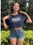 Kadın Lacivert Bisiklet Yaka Baskılı Oversize Crop T-Shirt 2