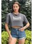 Kadın Antrasit Bisiklet Yaka Baskılı Oversize Crop T-Shirt 2