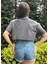 Kadın Antrasit Bisiklet Yaka Baskılı Oversize Crop T-Shirt 5