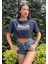 Kadın Lacivert Bisiklet Yaka Baskılı Oversize Crop T-Shirt 4