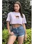 Kadın Lila Bisiklet Yaka Baskılı Oversize Crop T-Shirt 2