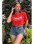 Kadın Kırmızı Bisiklet Yaka Baskılı Oversize Crop T-Shirt 2