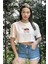 Kadın Pembe Bisiklet Yaka Baskılı Oversize Crop T-Shirt 2
