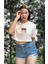 Kadın Pembe Bisiklet Yaka Baskılı Oversize Crop T-Shirt 3