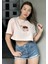 Kadın Pembe Bisiklet Yaka Baskılı Oversize Crop T-Shirt 4