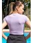 Kadın Lila Dar Kalıp Slim Fit Baskılı Kısa Kollu T-Shirt 4