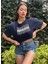 Kadın Lacivert Bisiklet Yaka Baskılı Oversize Crop T-Shirt 5