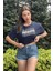 Kadın Lacivert Bisiklet Yaka Baskılı Oversize Crop T-Shirt 3