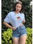Kadın Mavi Bisiklet Yaka Baskılı Oversize Crop T-Shirt 3