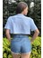 Kadın Mavi Bisiklet Yaka Baskılı Oversize Crop T-Shirt 5